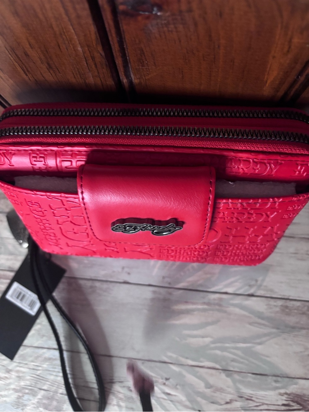 Ed Hardy Red Embossed Wristlet Clutch with Logo Plaque - Picture 5 of 8